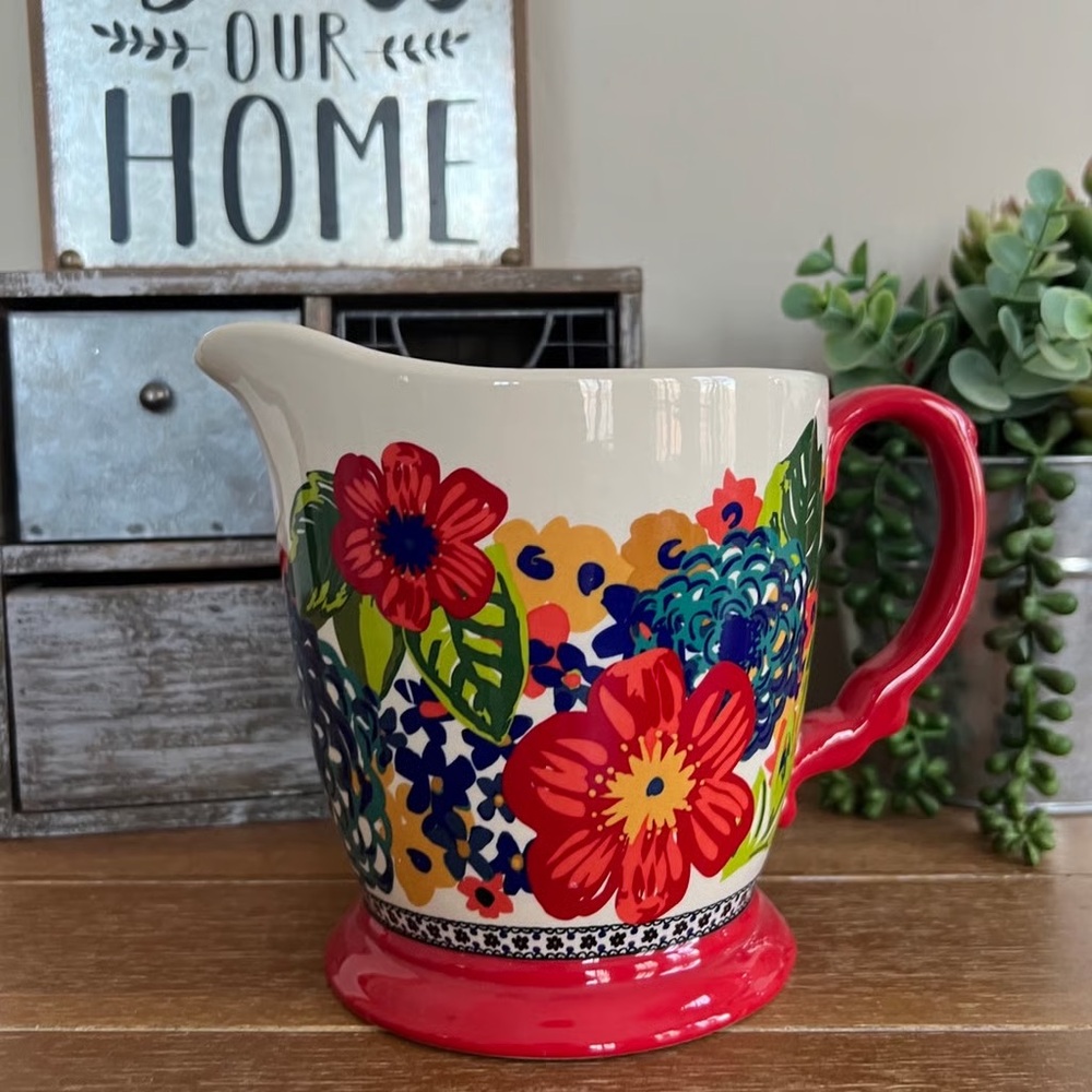 New Pioneer Woman Ceramic 4 Cup Measuring Pitcher Dazzling Dahlias